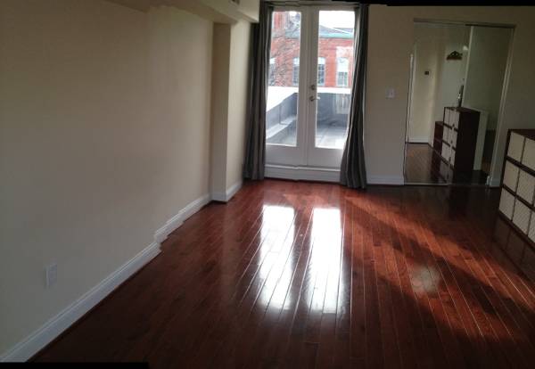 Two Level Two Bedroom Apartment in Eastern Market | Living room with gleaming hardwood floors and french doors