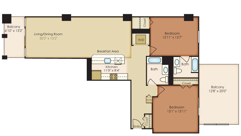 2 Bedroom Floorplan | 222 Saratoga Apartments | Luxury Apartments in Baltimore, MD