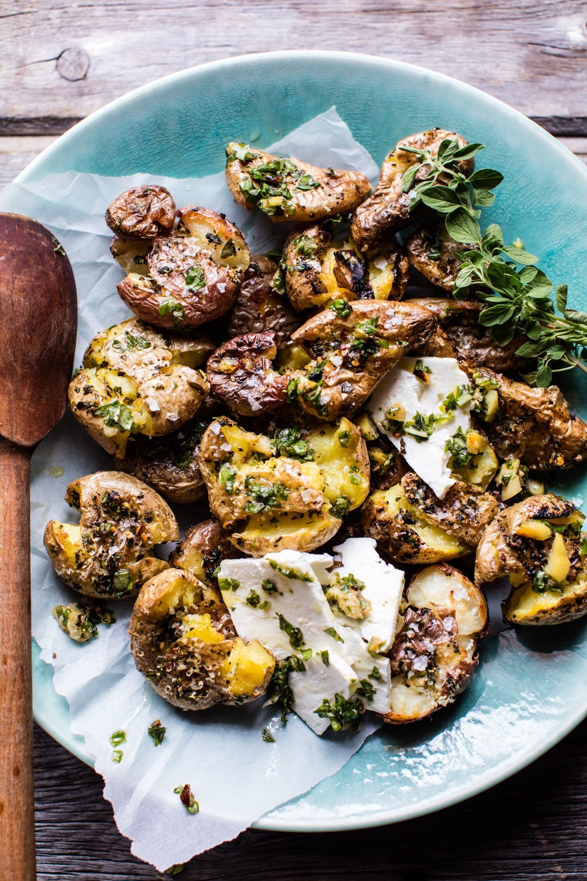 Summer Recipes Using Fresh Herbs | Crispy Oregano Smashed Potatoes With Feta & Lemon