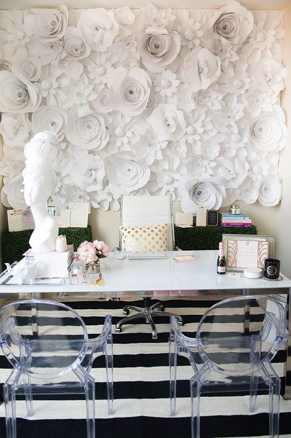 Big, Bold Floral Decor | Design Inspiration | Office With White Paper Flower Wall Art