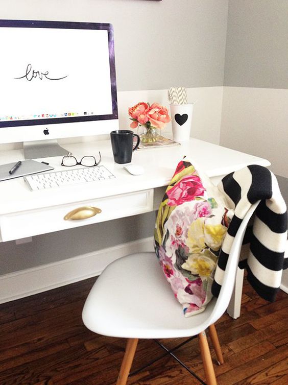 Big, Bold Floral Decor | Design Inspiration | Home Office With Black and White Stripes and Floral Pillow