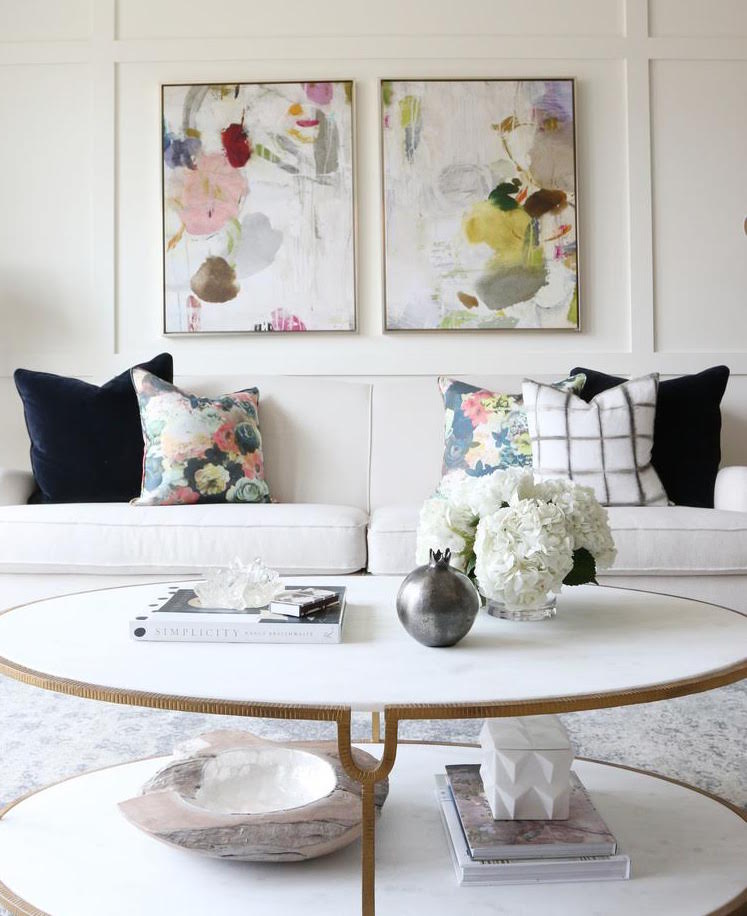 Big, Bold Floral Decor | Design Inspiration | Black and White Living Room With Floral Pillows and Print Art