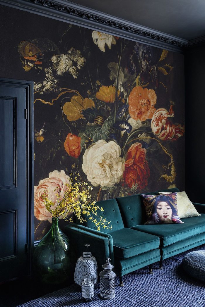 Big, Bold Floral Decor | Design Inspiration | Dark Floral Wallpaper with Emerald Green Couch