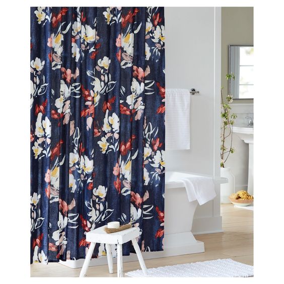 Big, Bold Floral Decor | Design Inspiration | Blue, Red and White Flower Print Shower Curtain