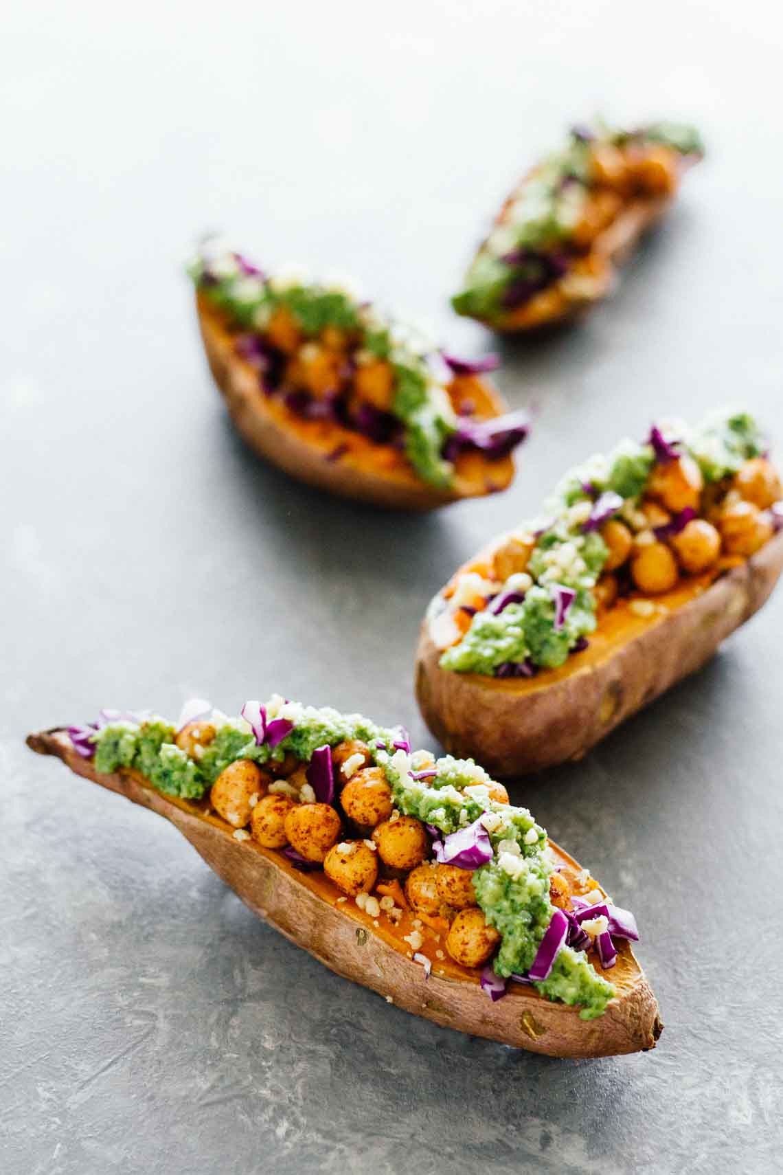 Protein-Packed Vegetarian Recipes | Baked Sweet Potatoes With Chickpeas & Broccoli Pesto