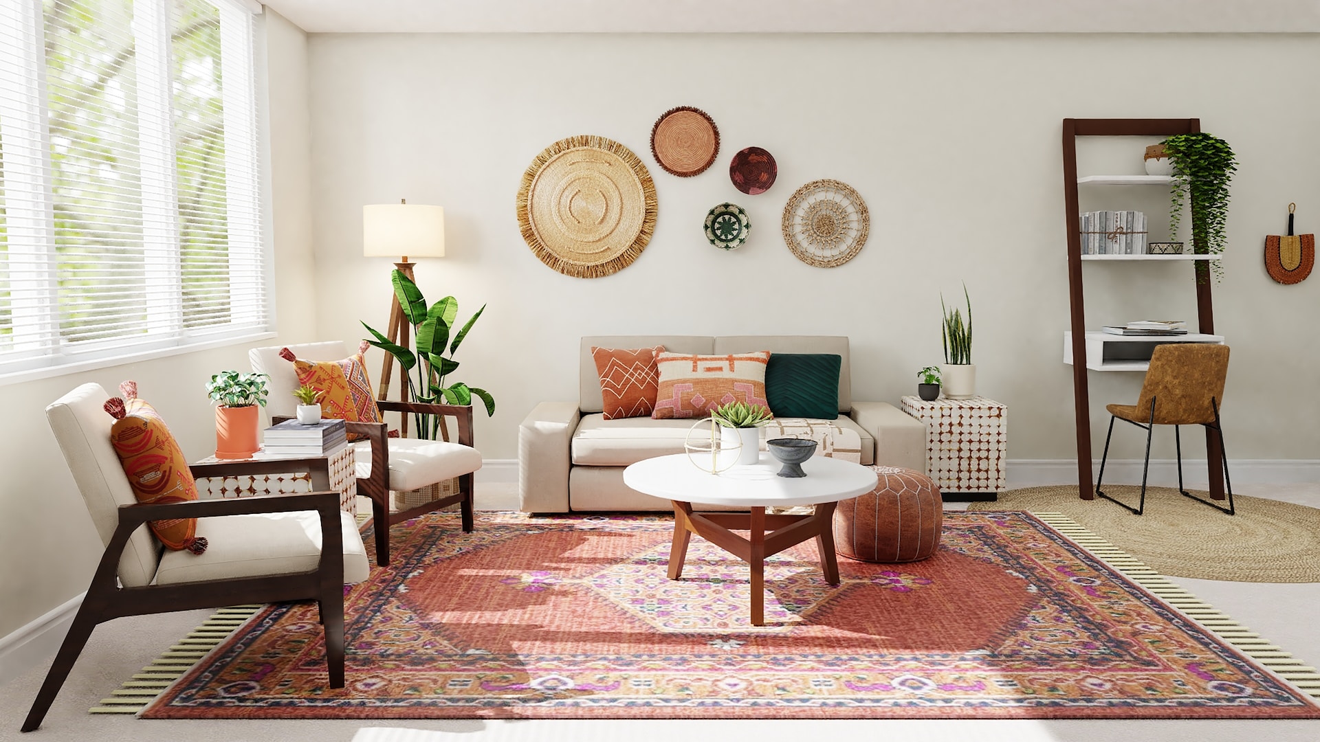 apartment-living-room-with-pink-rug-and beige-couch